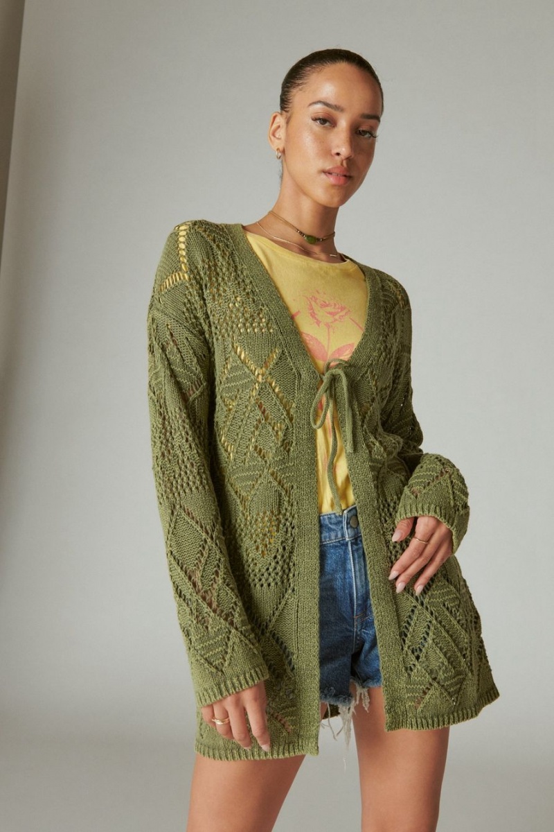 Lucky Brand Crochet Tie Front 3/4 Sleeve Women\'s Cardigan Olive | South Africa-SCZ128407