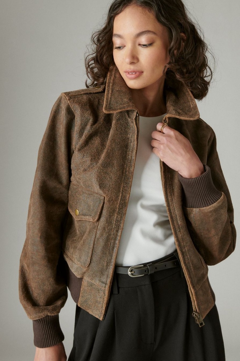 Lucky Brand Distressed Cropped Leather Bomber Women's Jacket Brown | South Africa-AZM534817