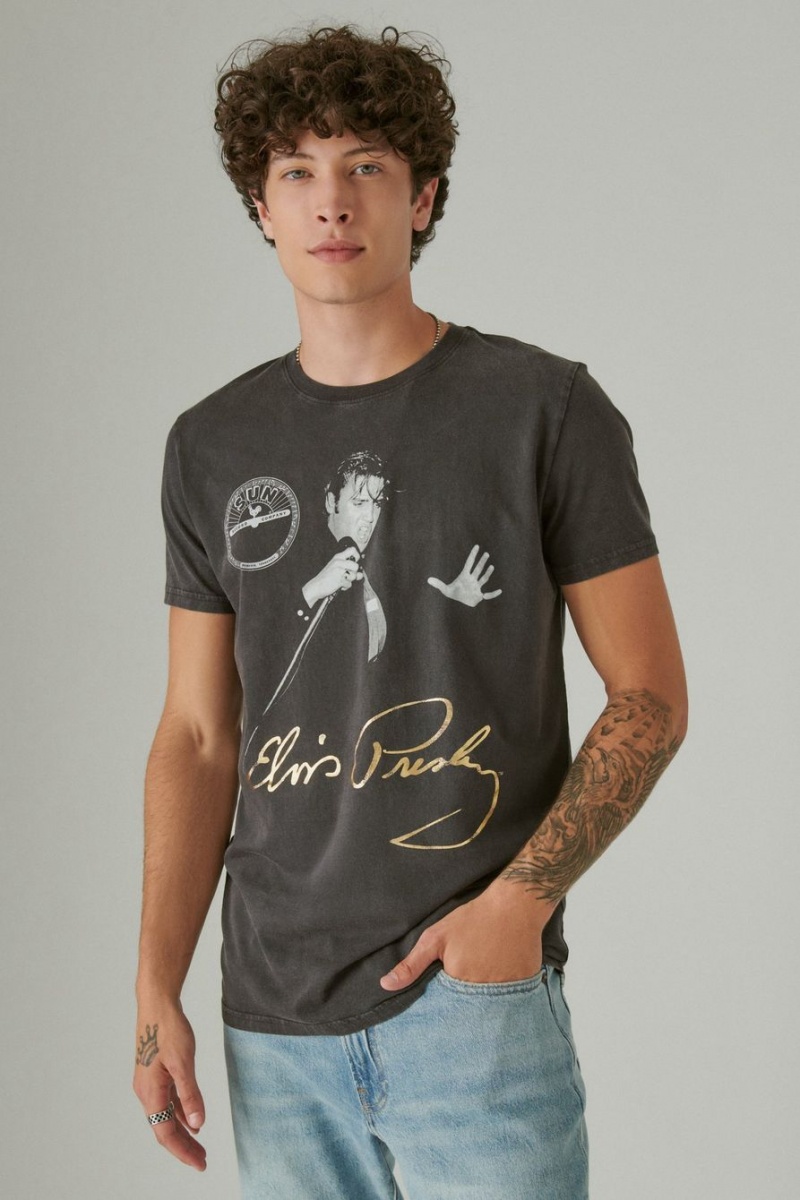 Lucky Brand Elvis Signature Men\'s T-Shirts Black | South Africa-DJX140267