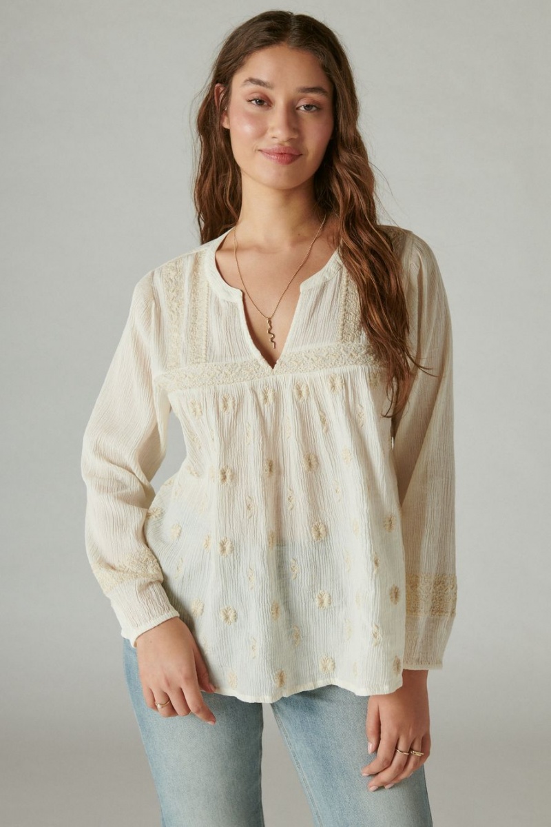 Lucky Brand Embroidered Popover Women's Blouse White | South Africa-VEC073824