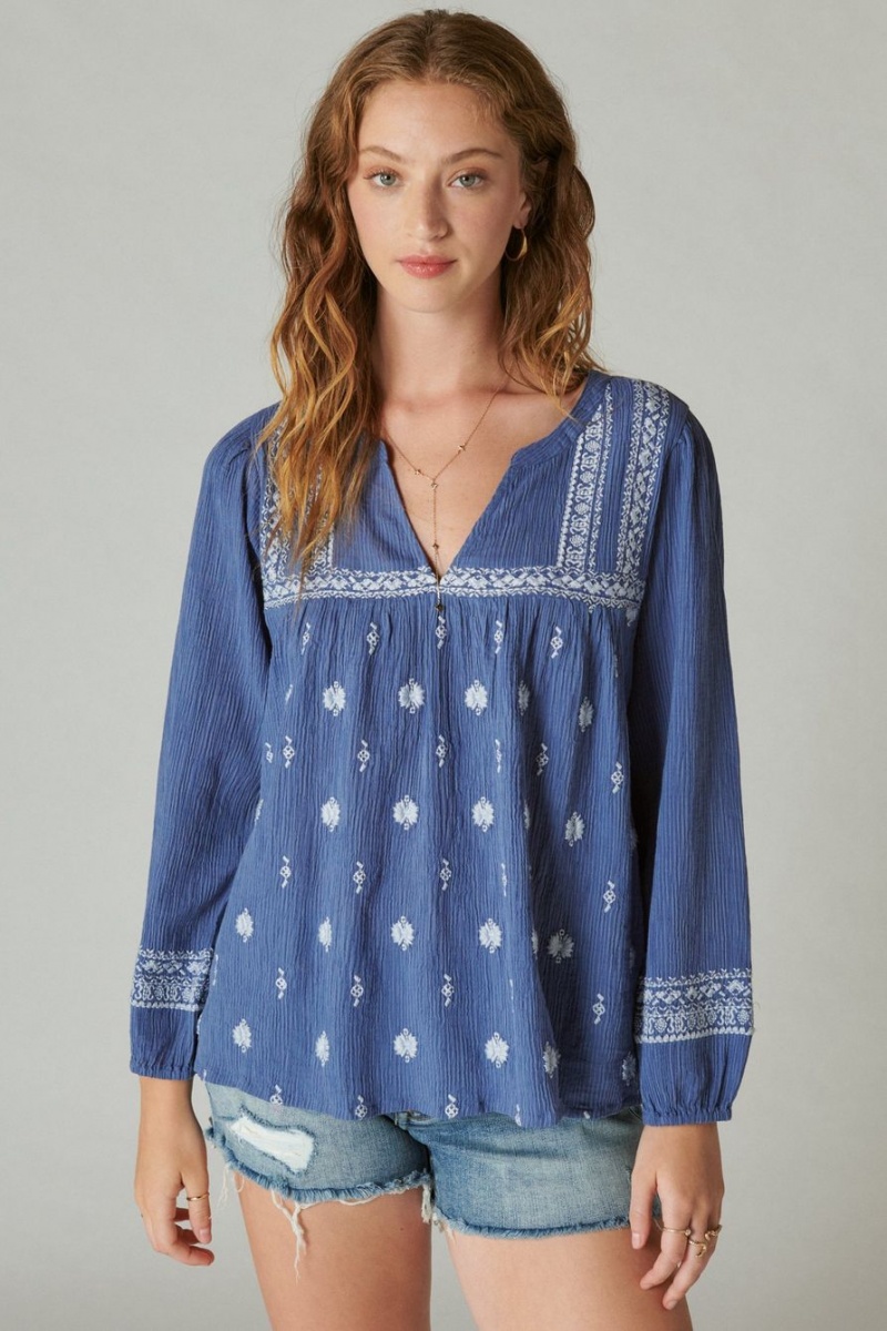 Lucky Brand Embroidered Popover Women's Blouse Blue Stripes | South Africa-LZN579421