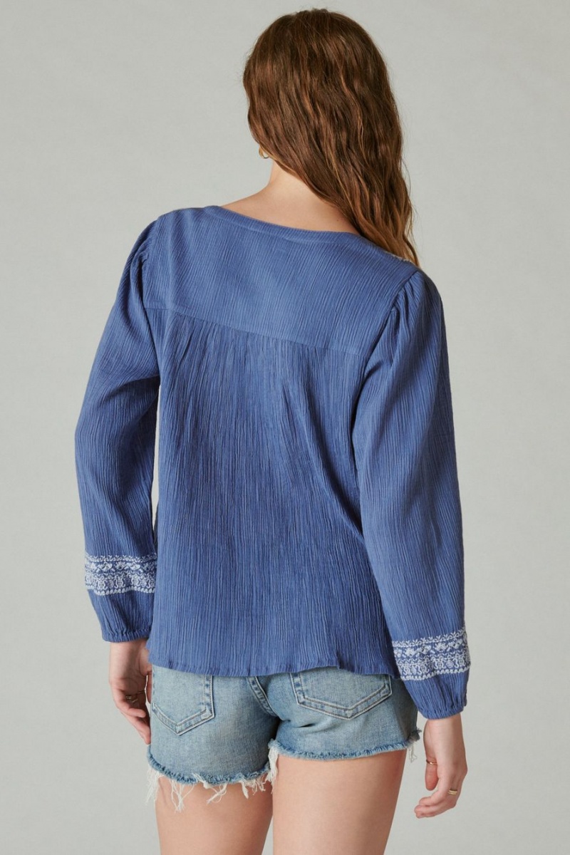 Lucky Brand Embroidered Popover Women's Blouse Blue Stripes | South Africa-LZN579421