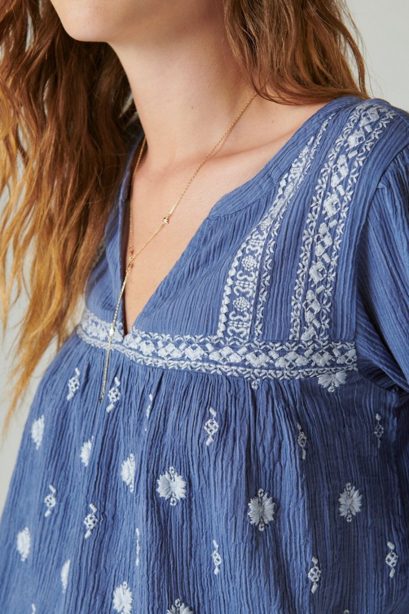 Lucky Brand Embroidered Popover Women's Blouse Blue Stripes | South Africa-LZN579421