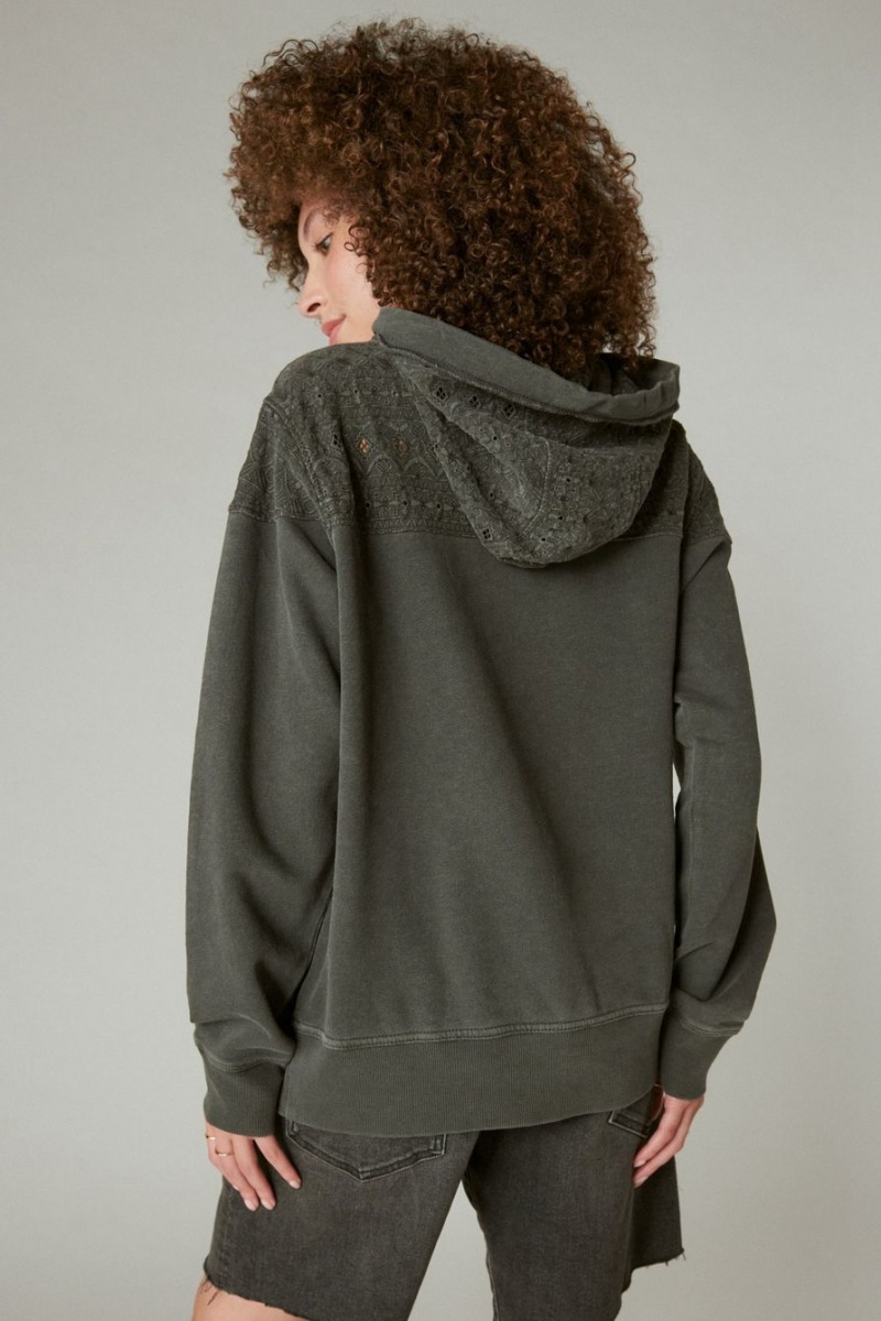 Lucky Brand Embroidered Yoke Women's Hoodie Dark Grey | South Africa-MDG614502