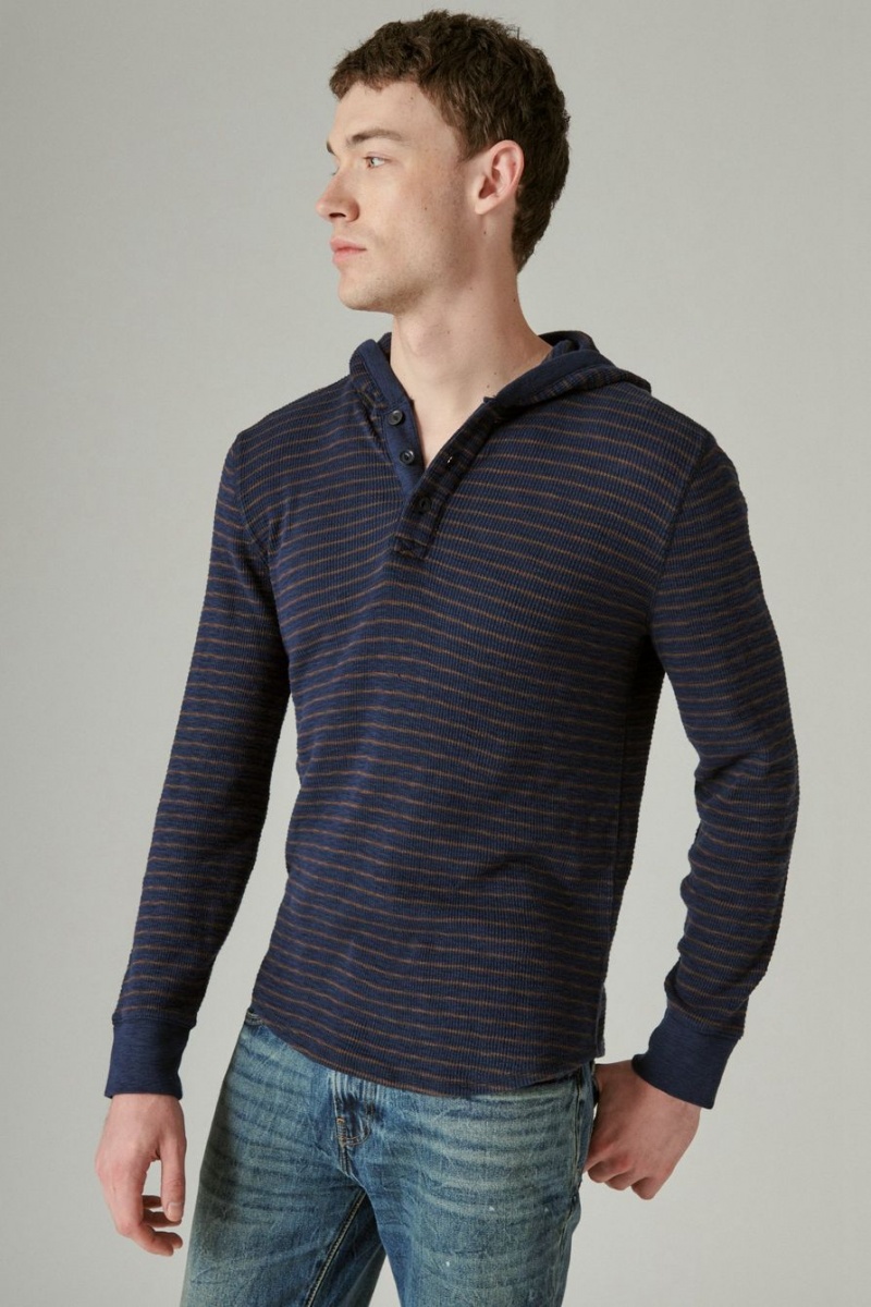 Lucky Brand Garment Dye Thermal Hoodley Men's Shirts Navy / Brown | South Africa-MGQ367184