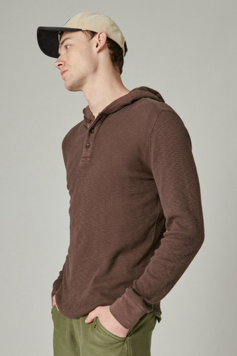 Lucky Brand Garment Dye Thermal Hoodley Men's Shirts Brown | South Africa-QUE173408