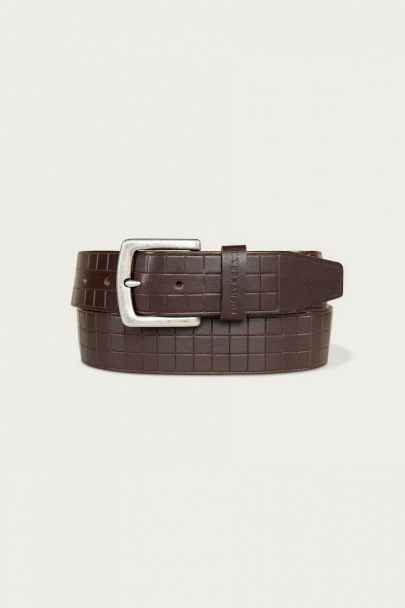 Lucky Brand Grid Tooled Embossed Leather Men\'s Belts Dark Brown | South Africa-QSJ902465