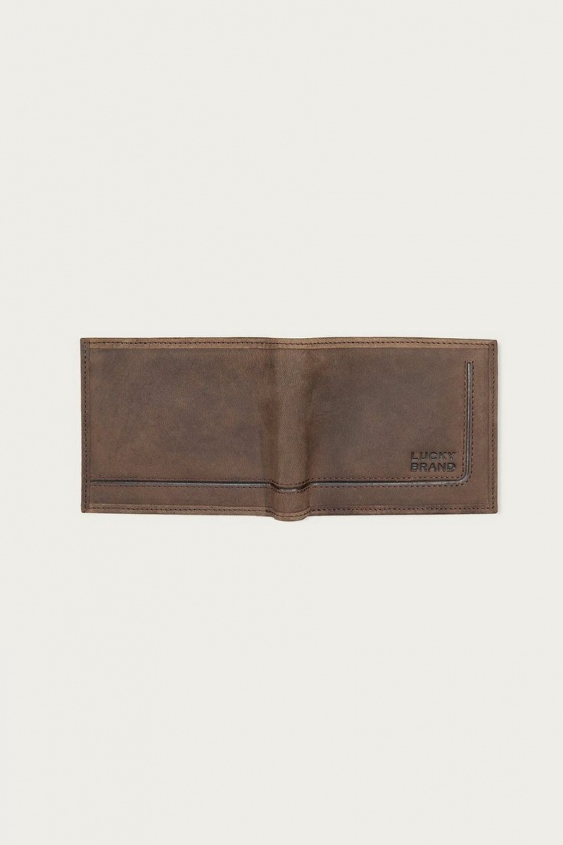 Lucky Brand Grooved Leather Bifold Men's Wallet Dark Brown | South Africa-AOX693051