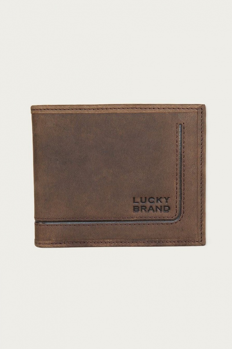 Lucky Brand Grooved Leather Bifold Men\'s Wallet Dark Brown | South Africa-AOX693051