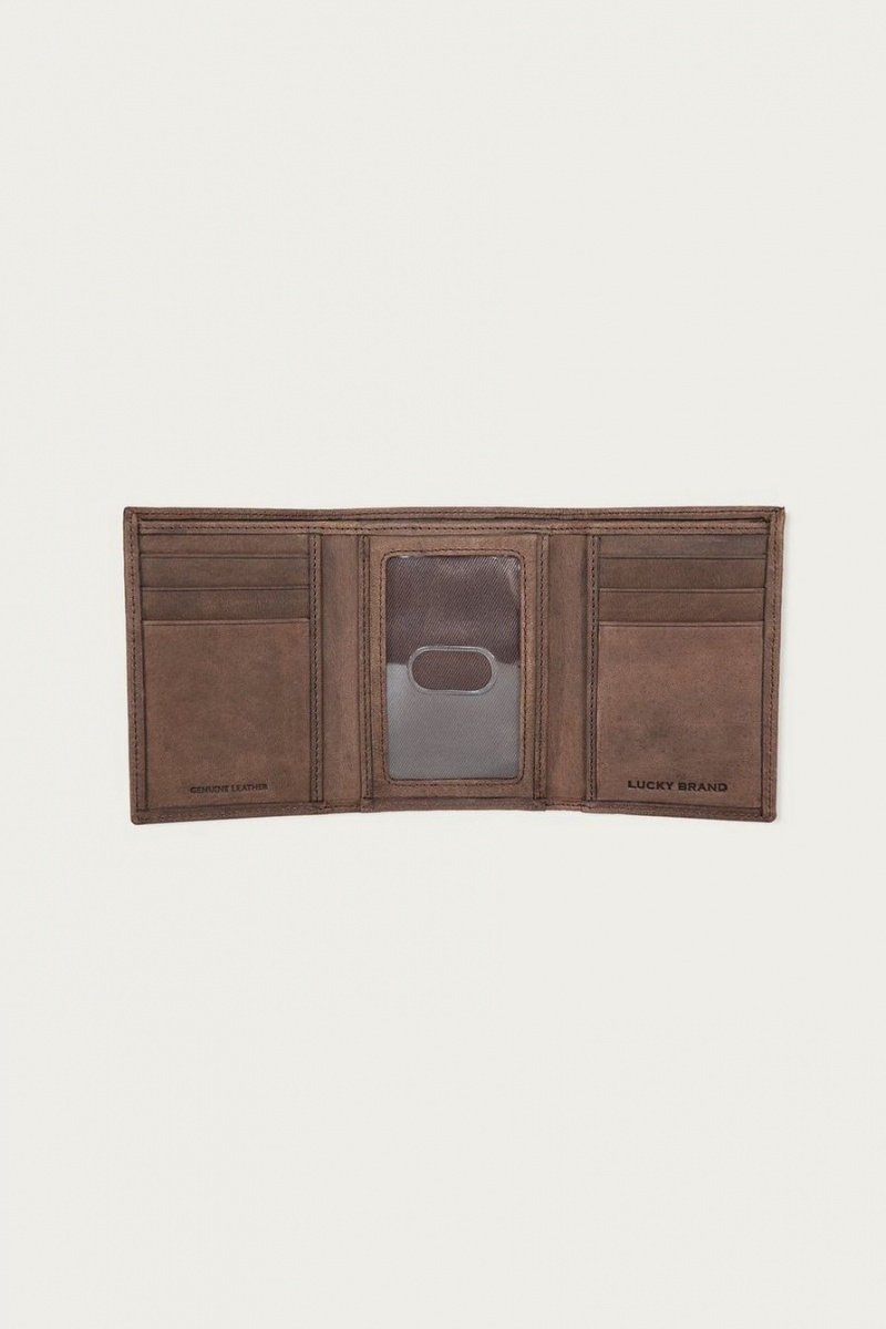 Lucky Brand Grooved Leather Trifold Men's Wallet Dark Brown | South Africa-IEA680543