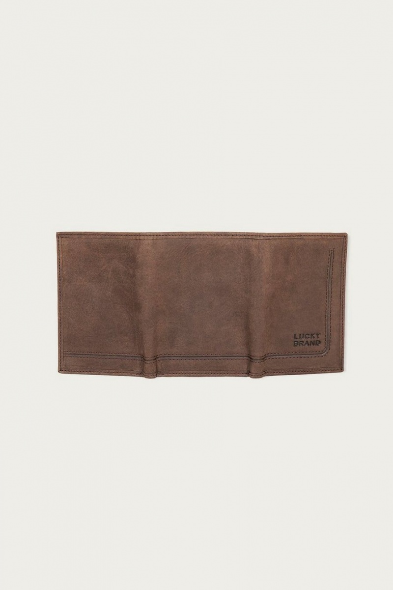 Lucky Brand Grooved Leather Trifold Men's Wallet Dark Brown | South Africa-IEA680543