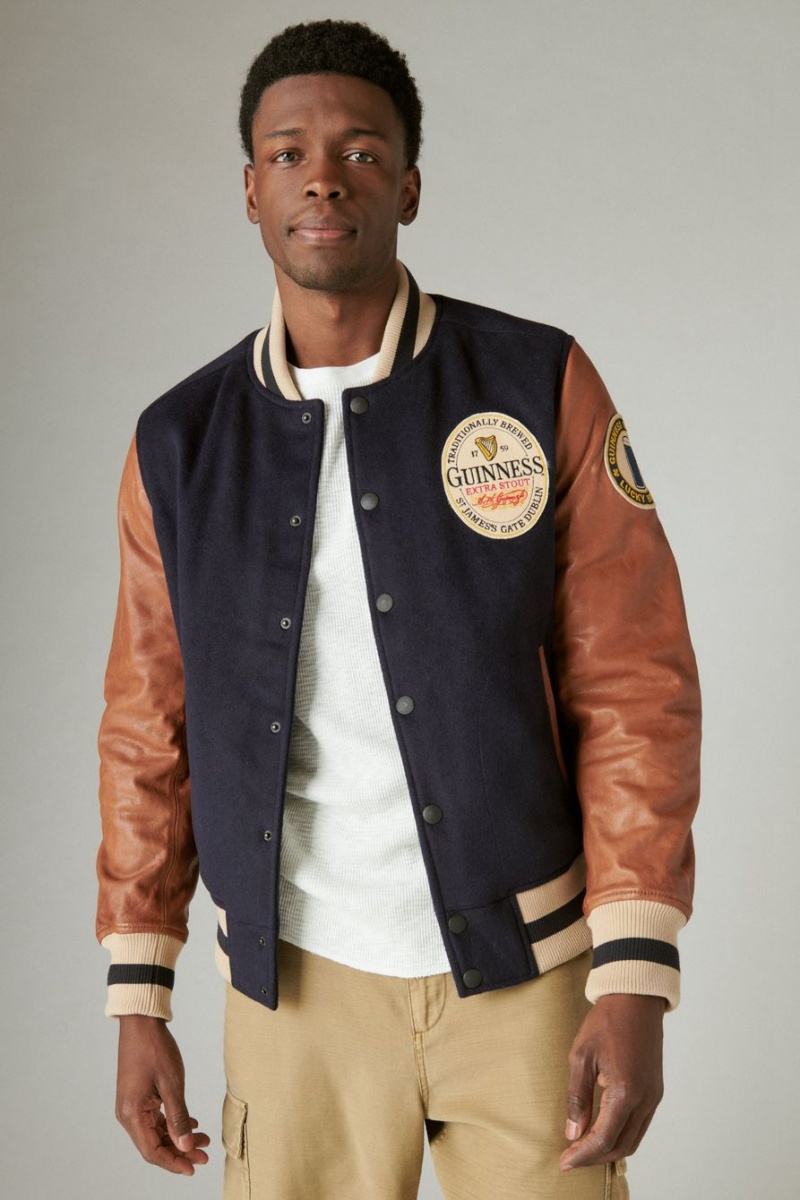 Lucky Brand Guinness Varsity Leather Men's Jacket Navy / Coral | South Africa-MUW254371