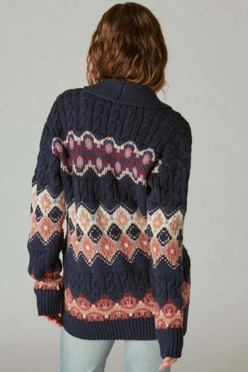 Lucky Brand Intarsia Shawl Collar Women's Cardigan Navy Multicolor | South Africa-BLJ485130