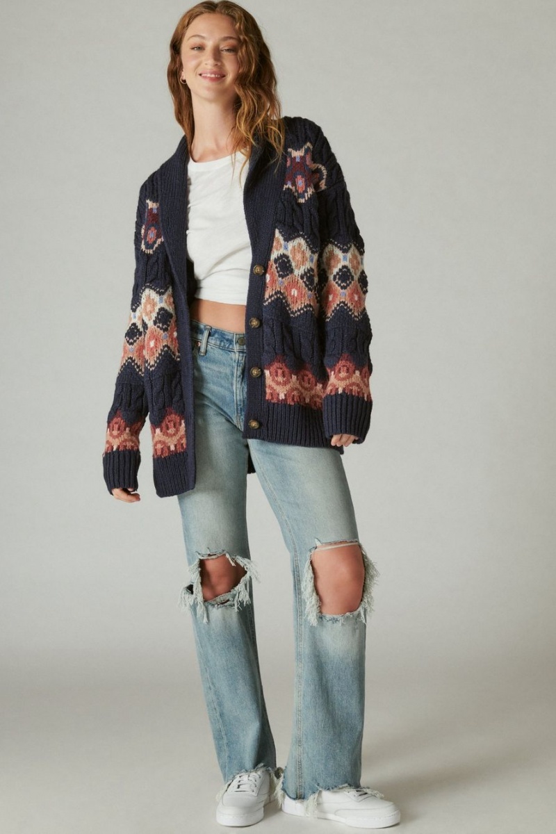 Lucky Brand Intarsia Shawl Collar Women's Cardigan Navy Multicolor | South Africa-BLJ485130