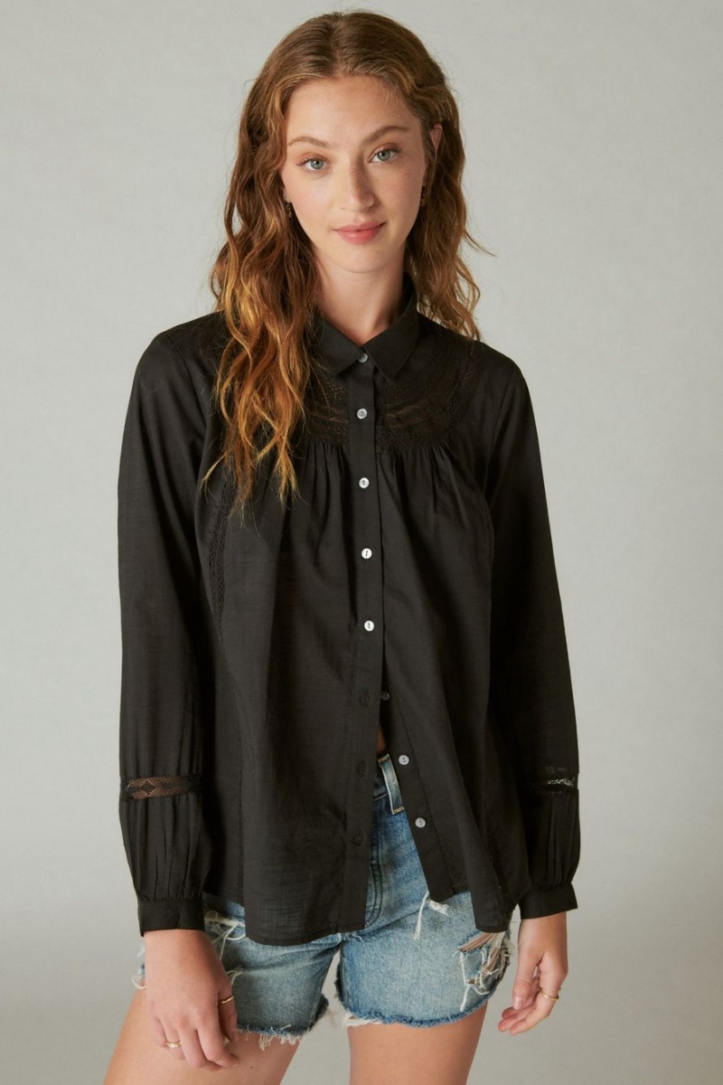 Lucky Brand Lace Trim Button Down Women\'s Shirts Black | South Africa-NWL046735