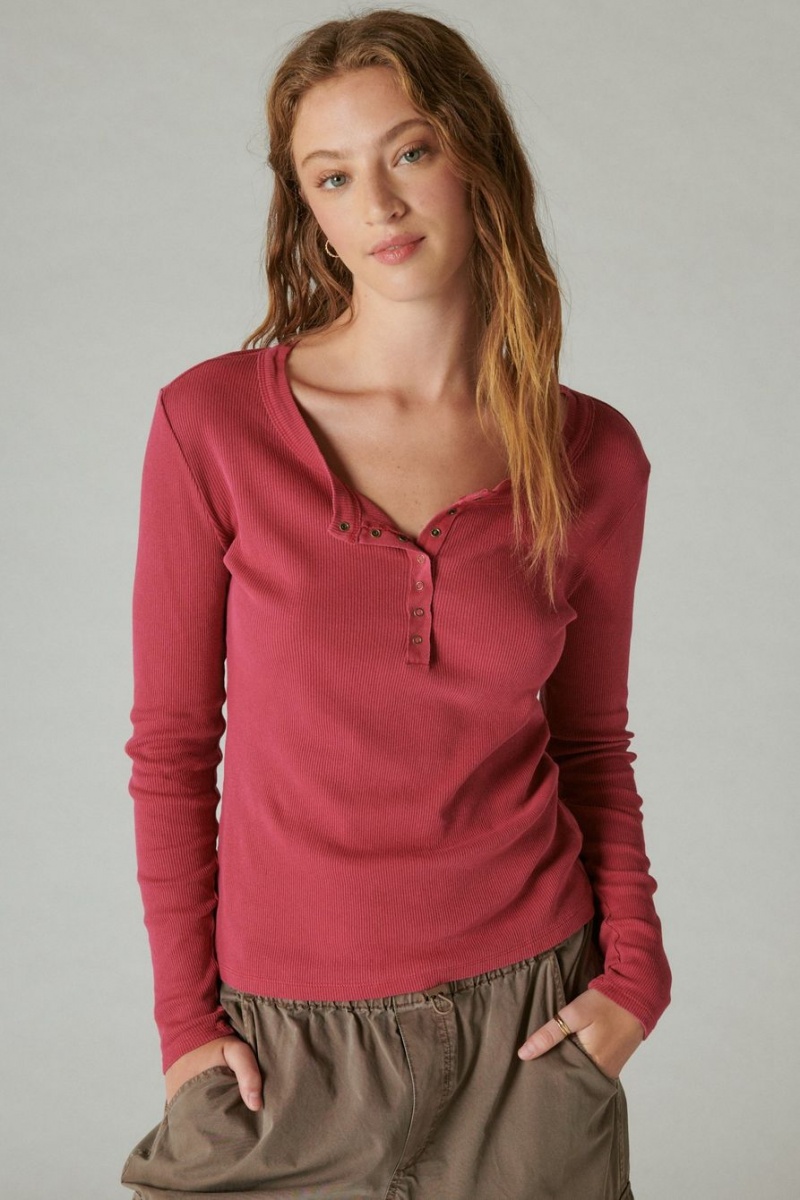 Lucky Brand Long Sleeve Ribbed Snap Henley Women\'s Shirts Red | South Africa-OEJ014853