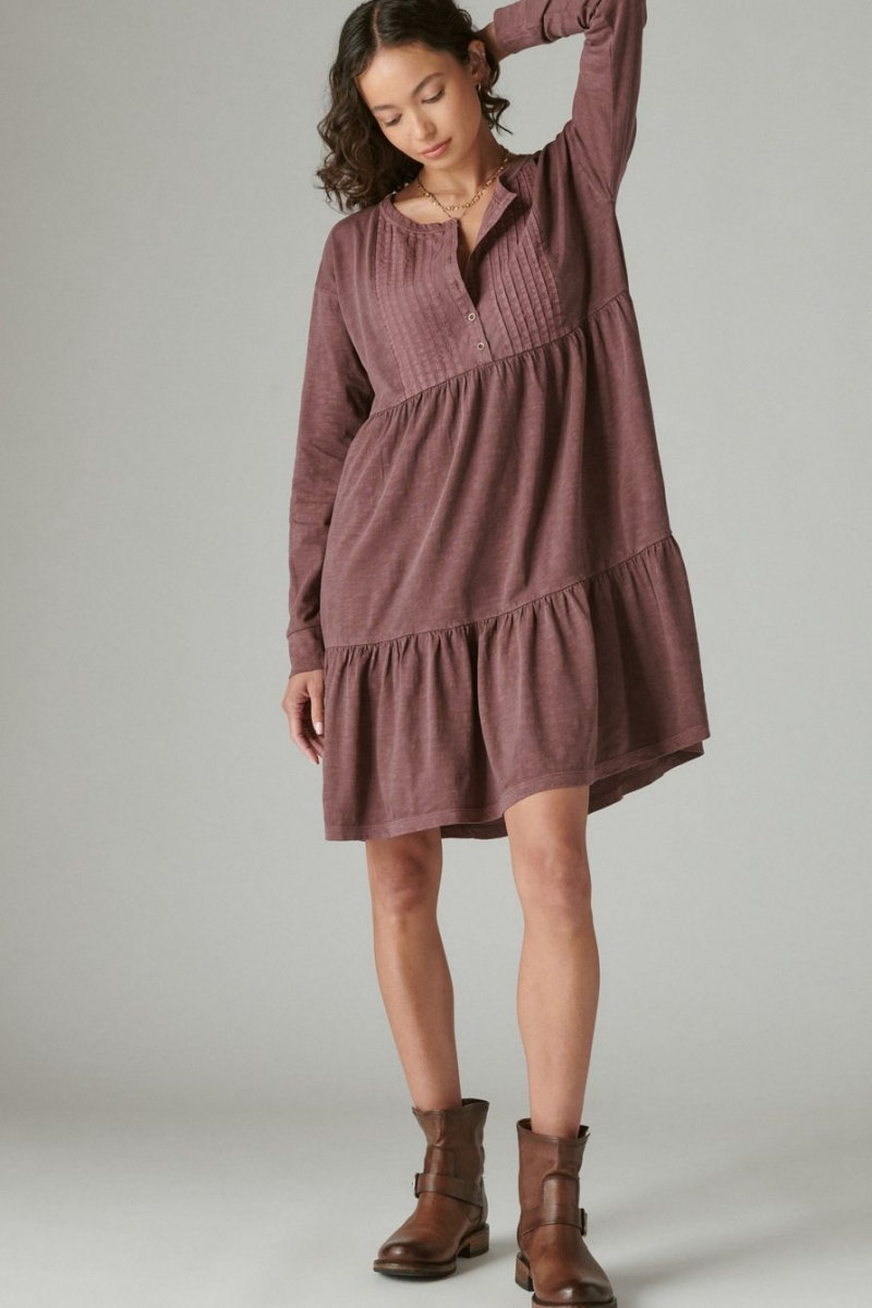 Lucky Brand Pintuck Tiered Knit Henley Women\'s Dress Light Burgundy | South Africa-FHJ164298