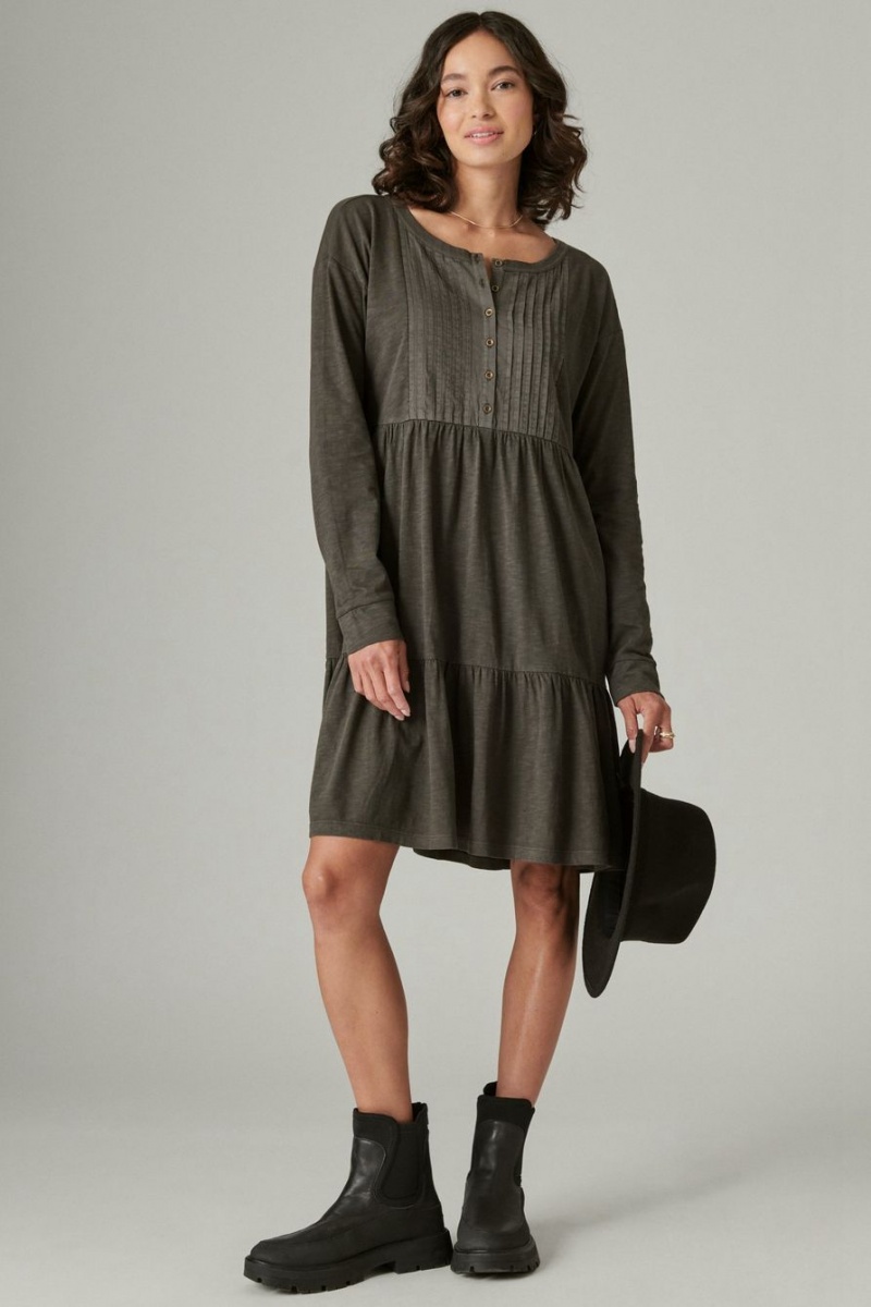 Lucky Brand Pintuck Tiered Knit Henley Women\'s Dress Dark Grey | South Africa-OER539168