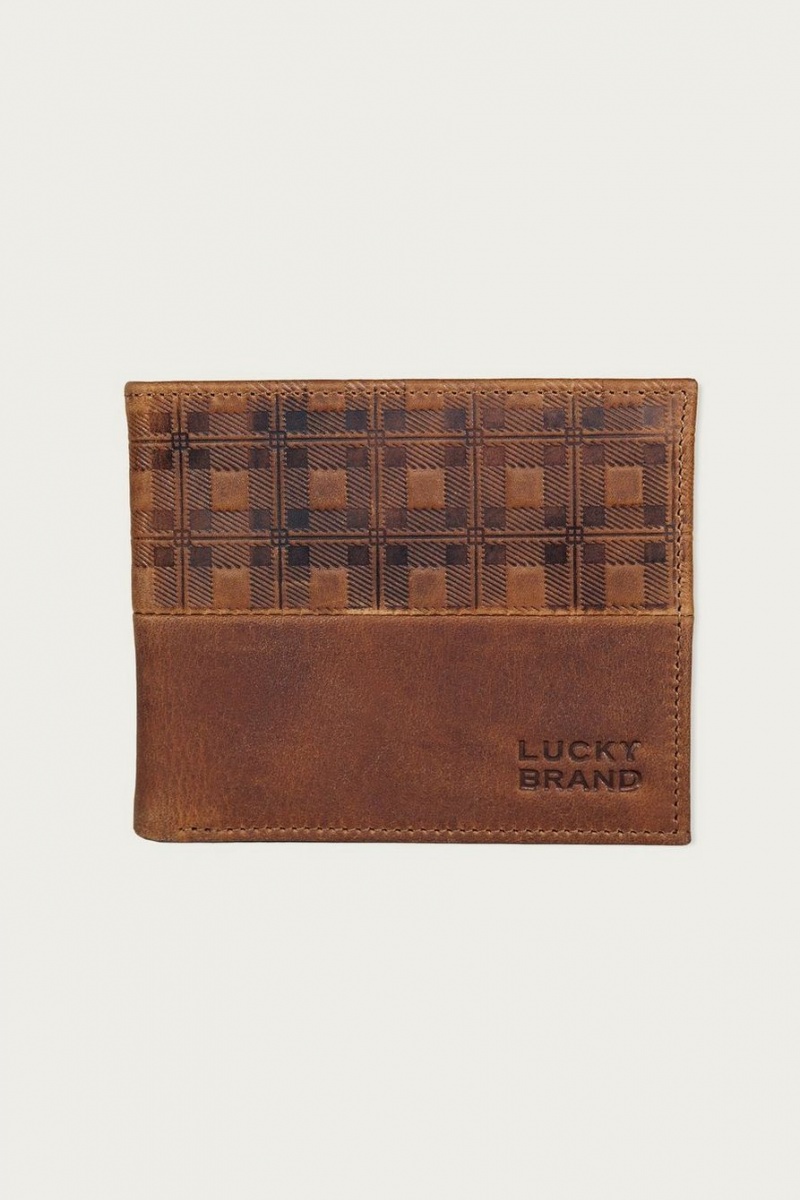 Lucky Brand Plaid Embossed Leather Bifold Men\'s Wallet Dark Brown | South Africa-FEA864972