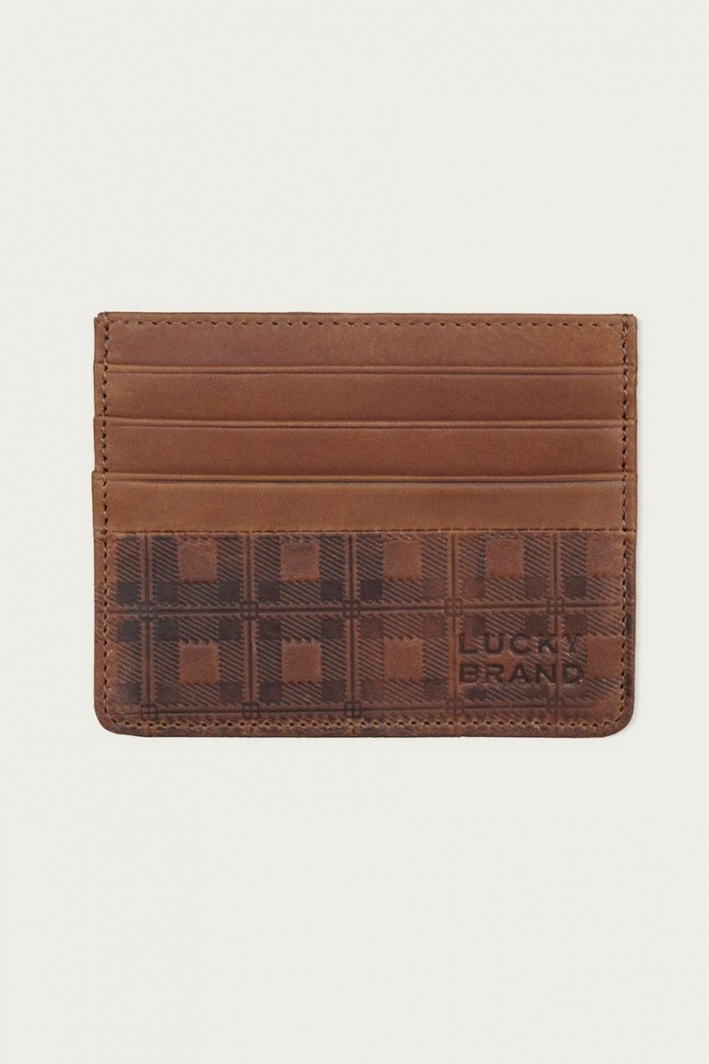 Lucky Brand Plaid Embossed Leather Trifold Men\'s Wallet Dark Brown | South Africa-XHJ605123