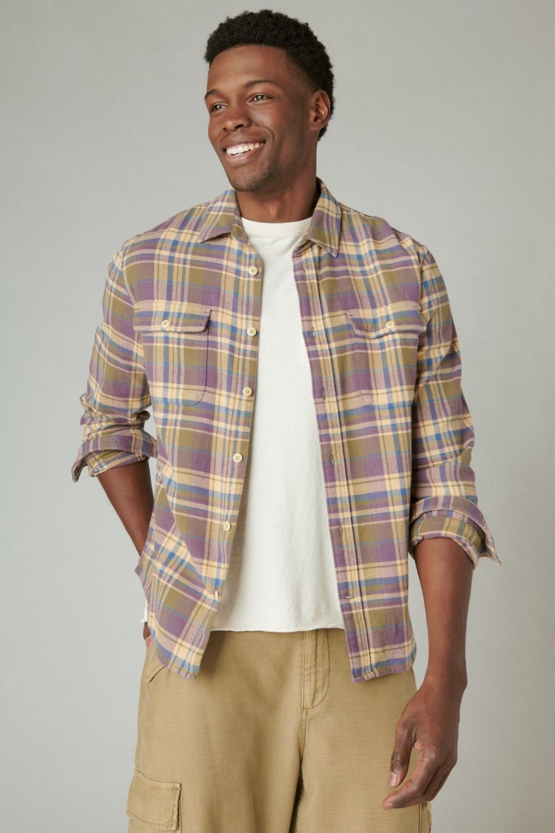 Lucky Brand Plaid Utility Cloud Soft Long Sleeve Flannel Men\'s Shirts Olive Multicolor | South Africa-EDP749815