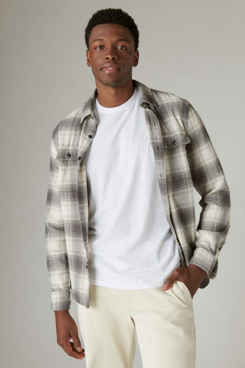 Lucky Brand Plaid Utility Cloud Soft Long Sleeve Flannel Men\'s Shirts Navy / Grey | South Africa-PLV796583