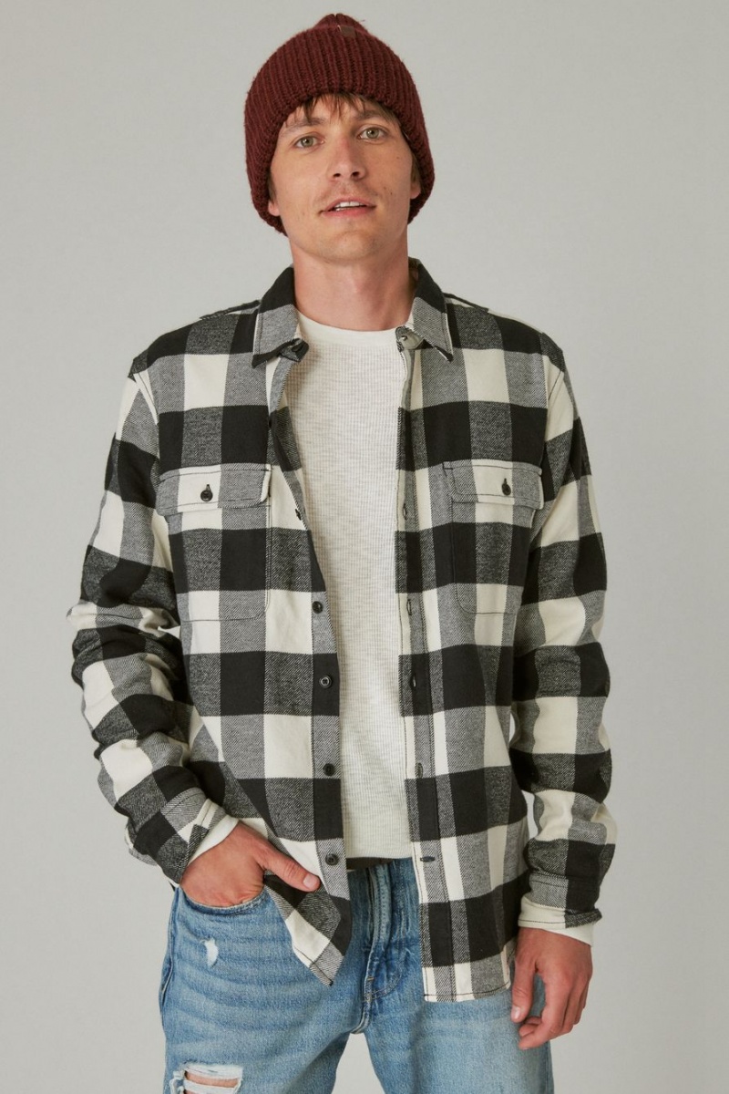 Lucky Brand Plaid Utility Cloud Soft Long Sleeve Flannel Men\'s Shirts Black Cream | South Africa-AJN923685