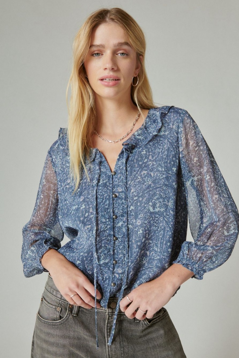 Lucky Brand Printed Chiffon Women\'s Blouse Blue Multicolor | South Africa-DWT952630