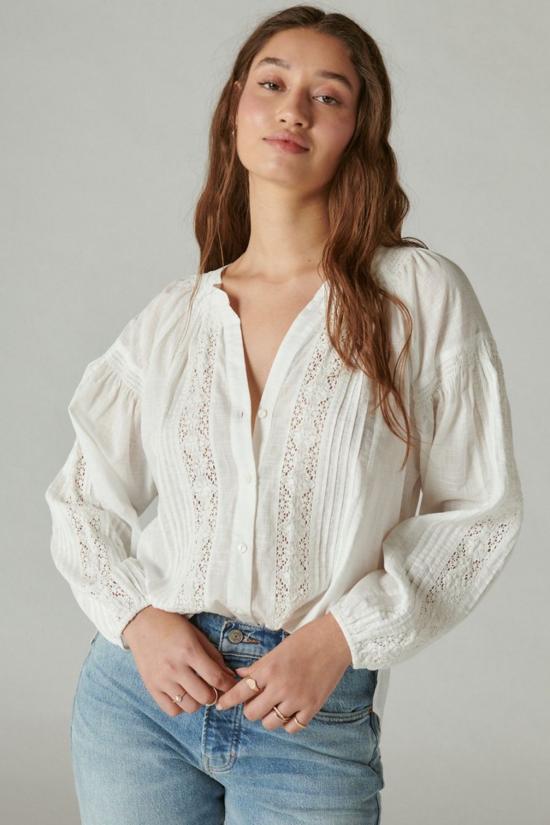 Lucky Brand Relaxed Lace Open Neck Women\'s Shirts White | South Africa-YVN527619