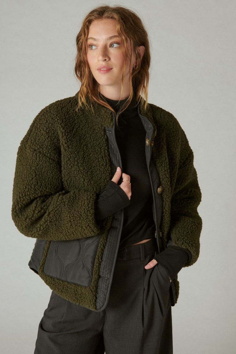 Lucky Brand Reversible Mixed Media Faux Shearling Women\'s Jacket Olive Multicolor | South Africa-RXA457013