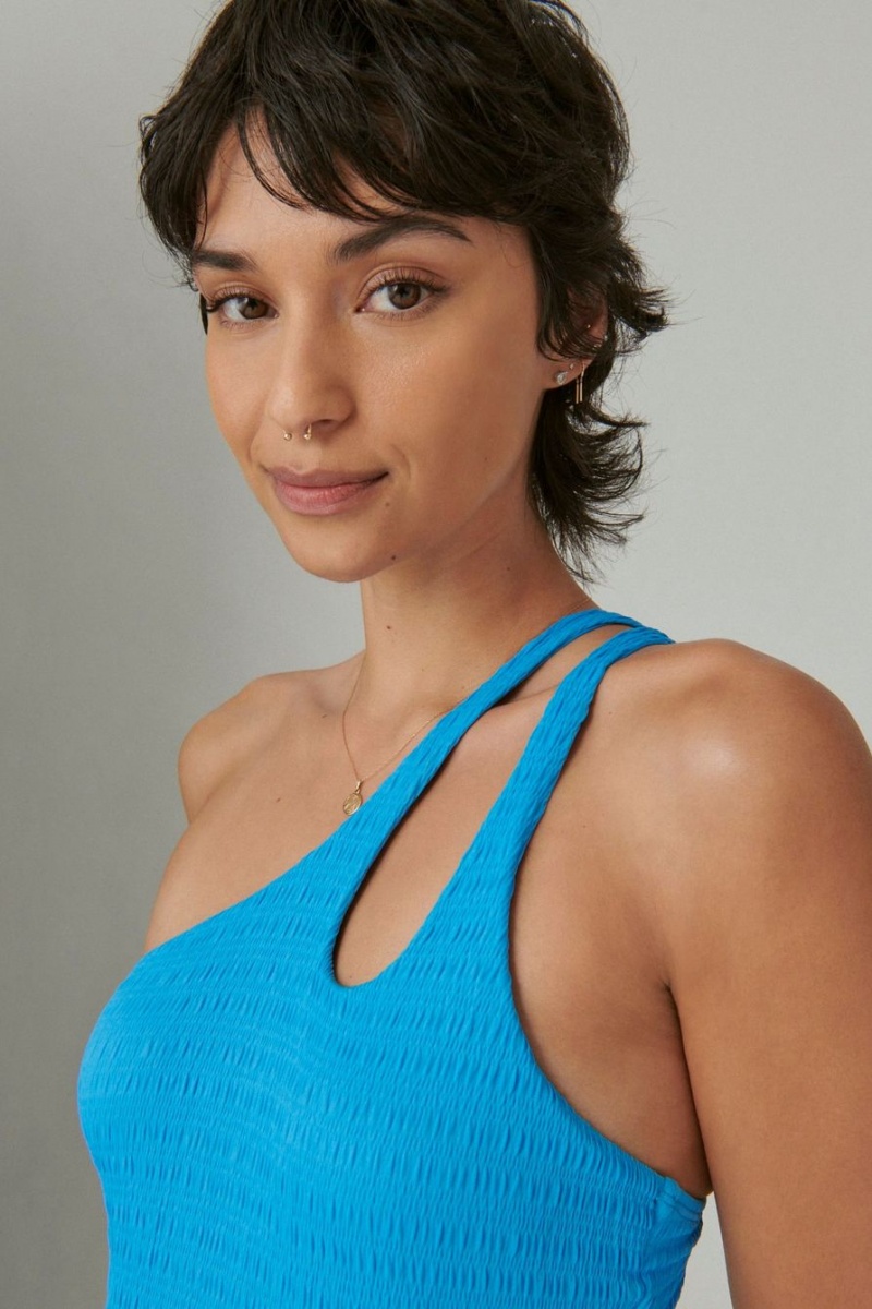 Lucky Brand Seersucker Asymmetrical Women's One Piece Swimsuits Blue | South Africa-YDS380462