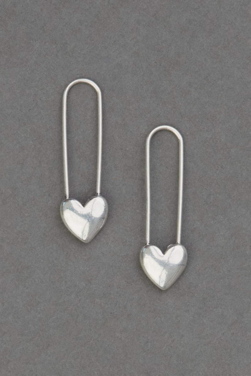 Lucky Brand Silver Safety Pin Heart Women\'s Earrings Silver | South Africa-CHM501782