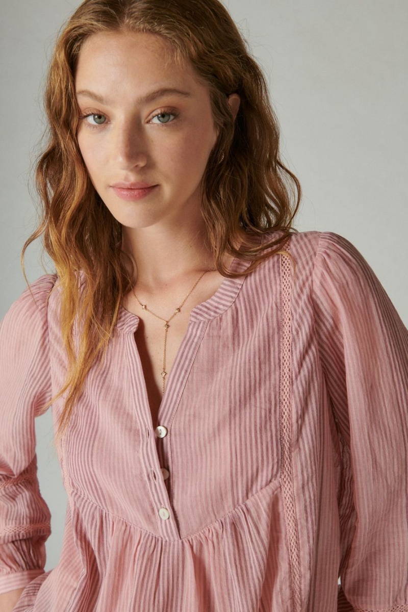 Lucky Brand Smocked Button Through Women's Blouse Pink Stripes | South Africa-VAR562139