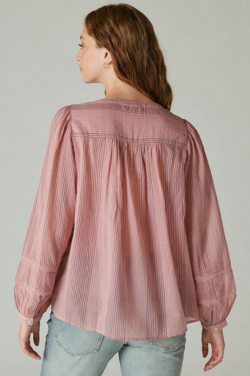 Lucky Brand Smocked Button Through Women's Blouse Pink Stripes | South Africa-VAR562139