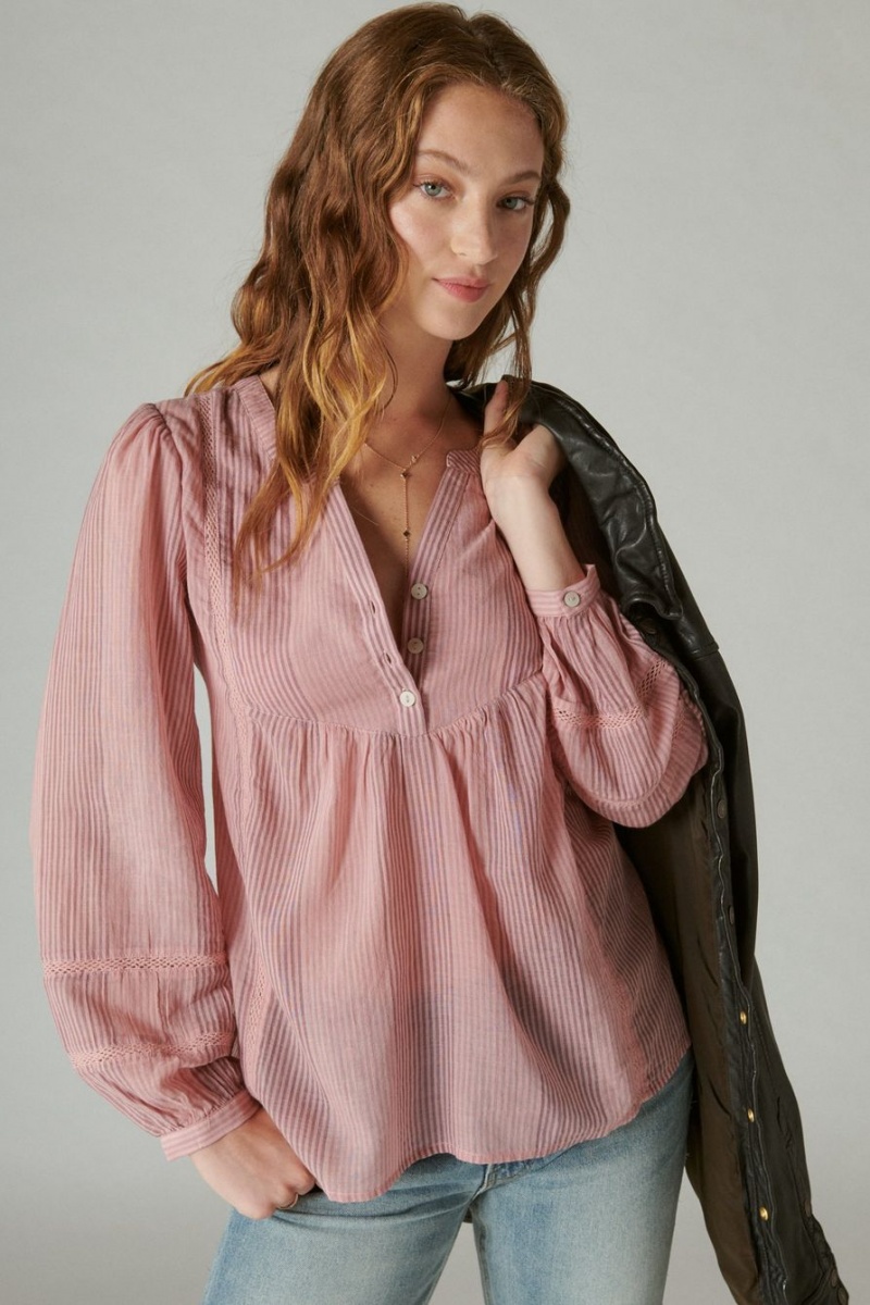 Lucky Brand Smocked Button Through Women's Blouse Pink Stripes | South Africa-VAR562139