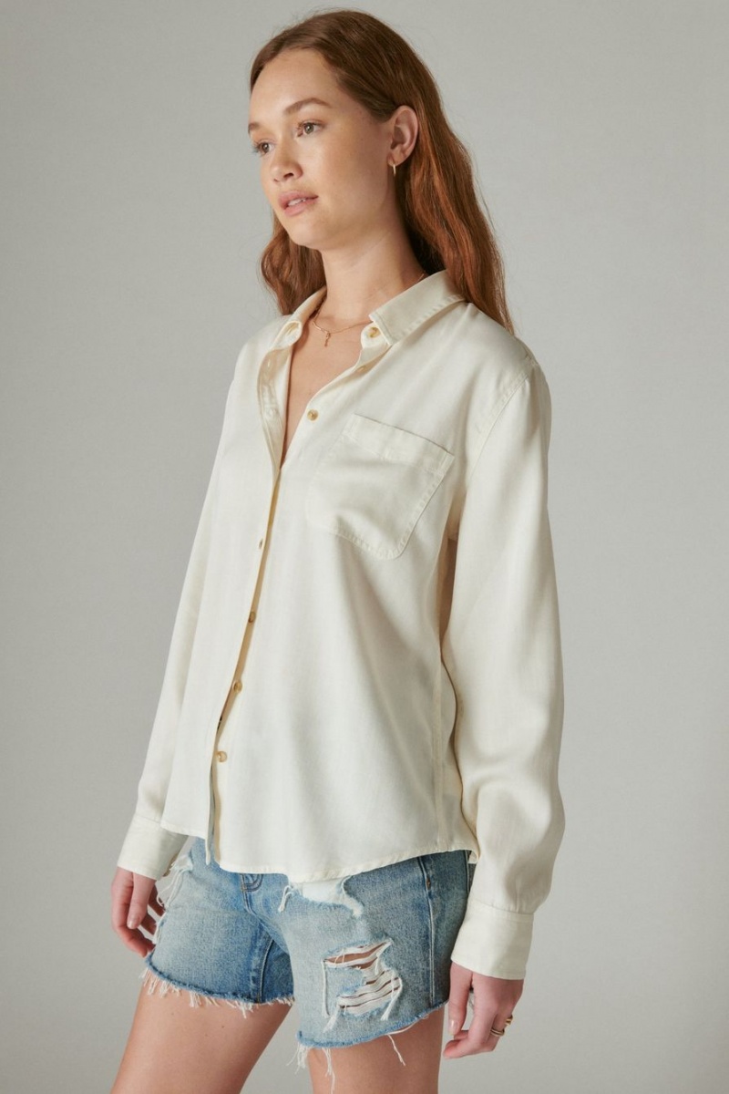 Lucky Brand Solid Boyfriend Button Down Women's Shirts Cream | South Africa-KCI296340