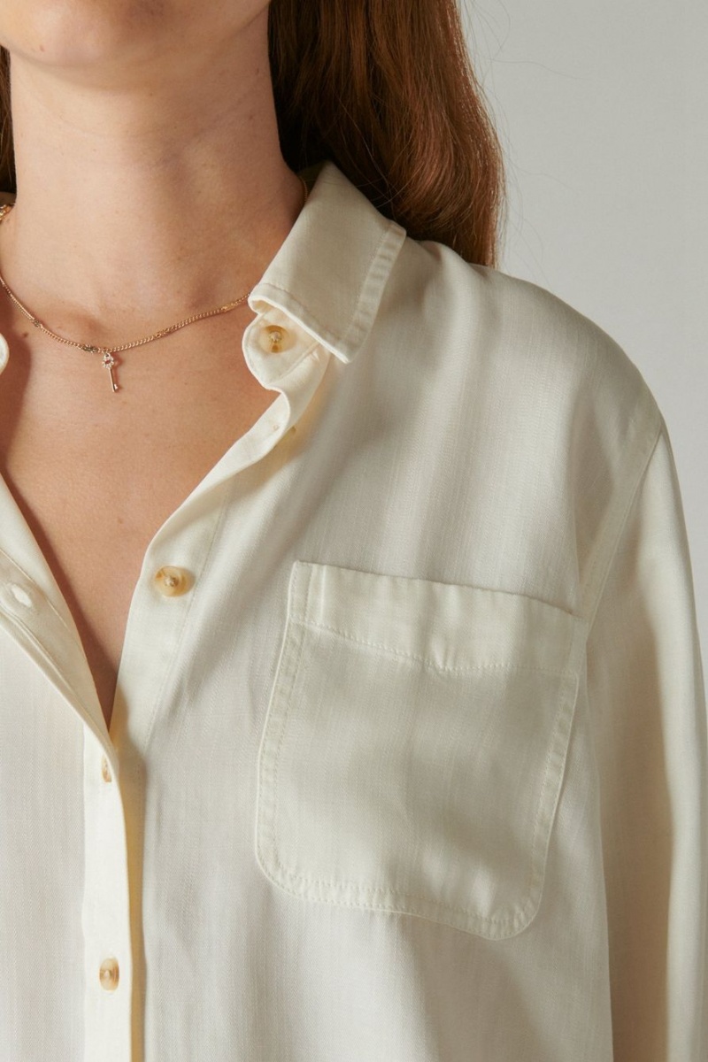 Lucky Brand Solid Boyfriend Button Down Women's Shirts Cream | South Africa-KCI296340