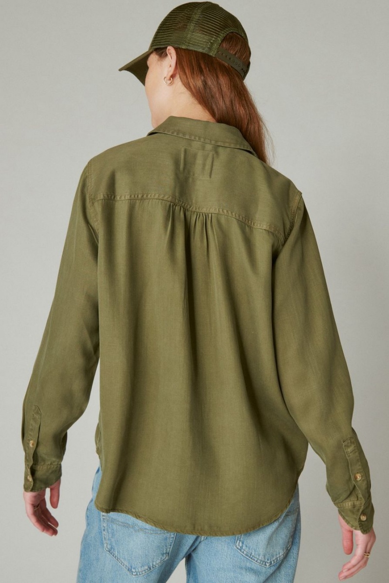 Lucky Brand Solid Boyfriend Button Down Women's Shirts Olive | South Africa-OFM580729