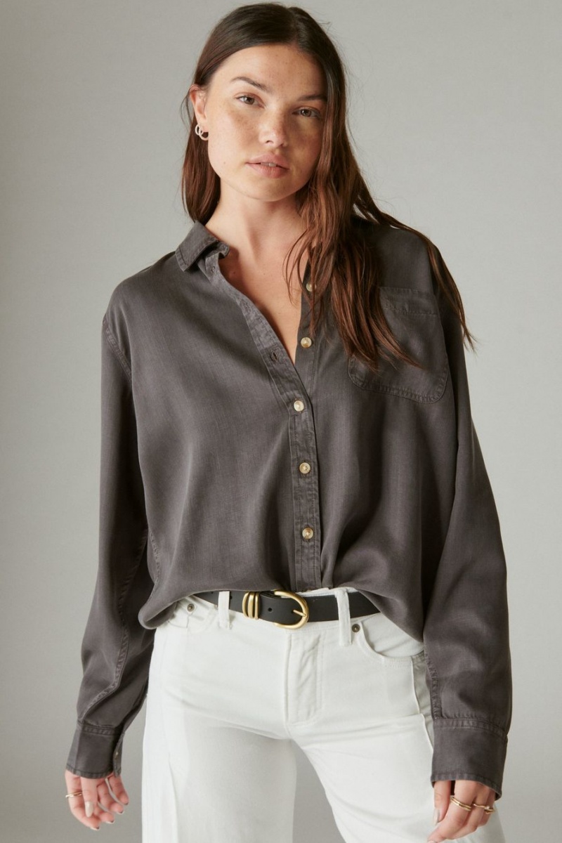 Lucky Brand Solid Boyfriend Button Down Women's Shirts Grey | South Africa-EAV962703