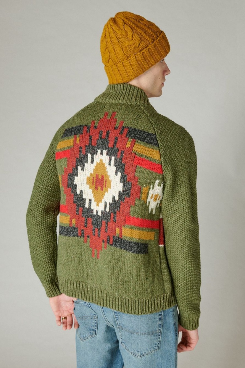 Lucky Brand Southwestern Print Full Zip Bomber Men's Sweater Olive Multicolor | South Africa-RWY642701