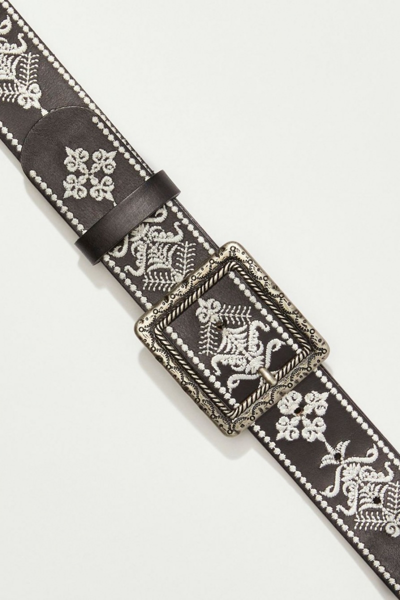 Lucky Brand Square Buckle Embroidered Women's Belts Black | South Africa-RWN132647