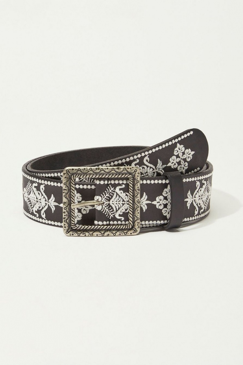 Lucky Brand Square Buckle Embroidered Women\'s Belts Black | South Africa-RWN132647