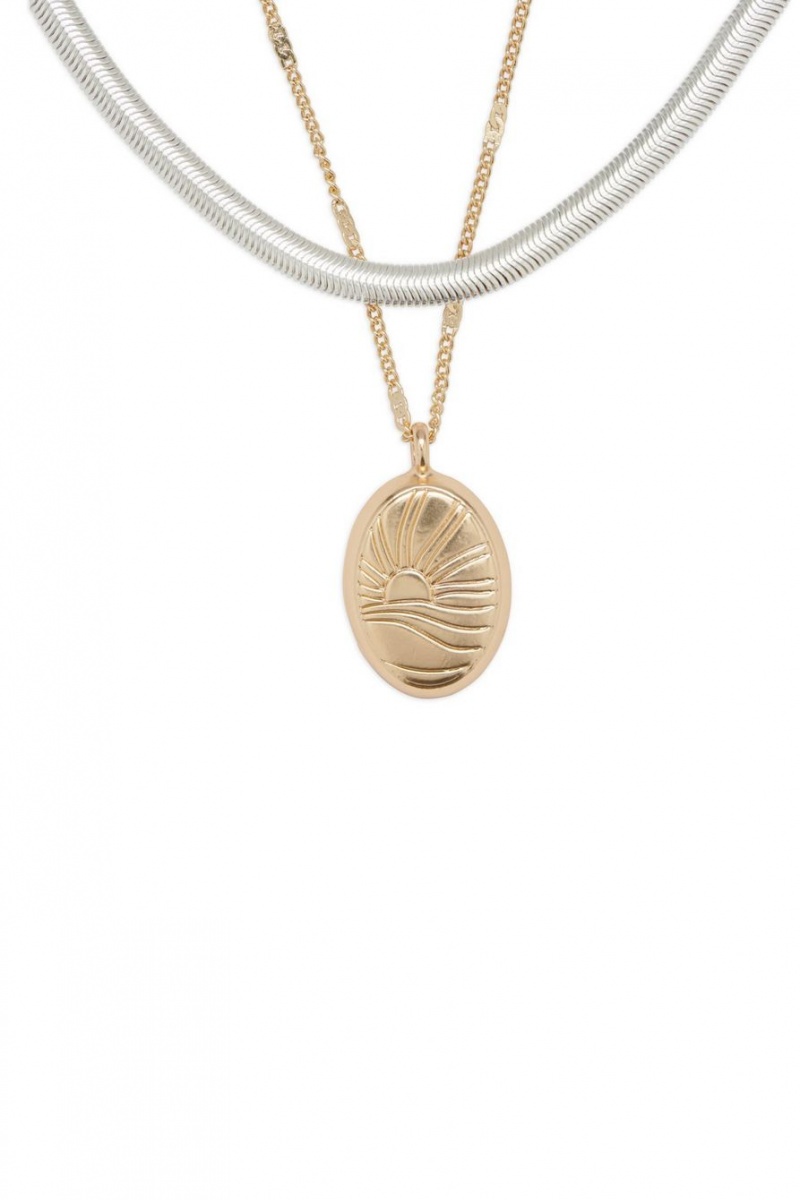 Lucky Brand Sunshine Etched Locket Layer Women's Necklace Gold / Silver | South Africa-NEY635280