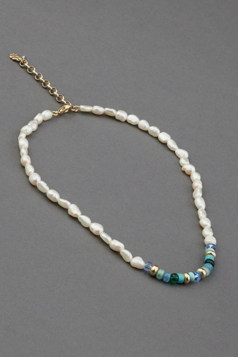 Lucky Brand Turquoise And Pearl Beaded Collar Women\'s Necklace Gold | South Africa-YZG697841