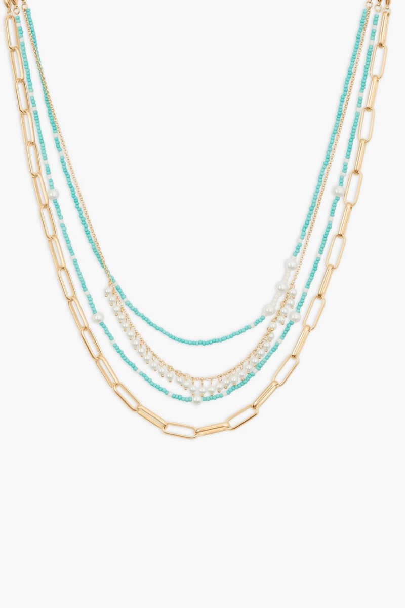 Lucky Brand Turquoise And Pearl Drama Layer Women\'s Necklace Gold | South Africa-PSJ108362