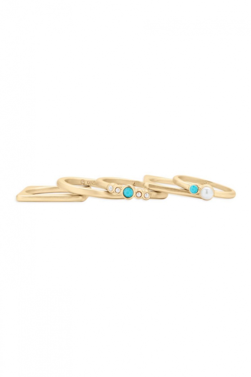 Lucky Brand Turquoise And Pearl Stack Women\'s Ring Gold | South Africa-KIY948726