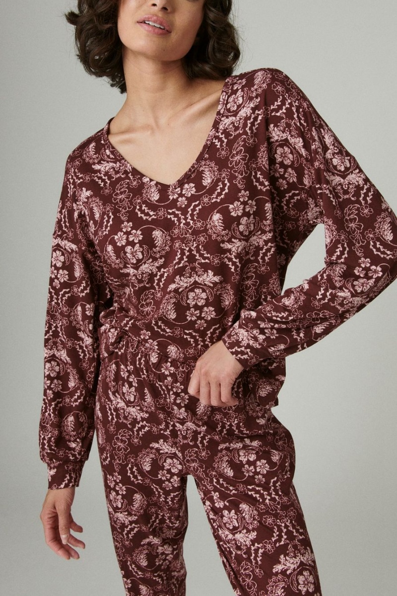 Lucky Brand V-neck Printed Pullover Women's Sleepwear Dark Red | South Africa-HTC914607