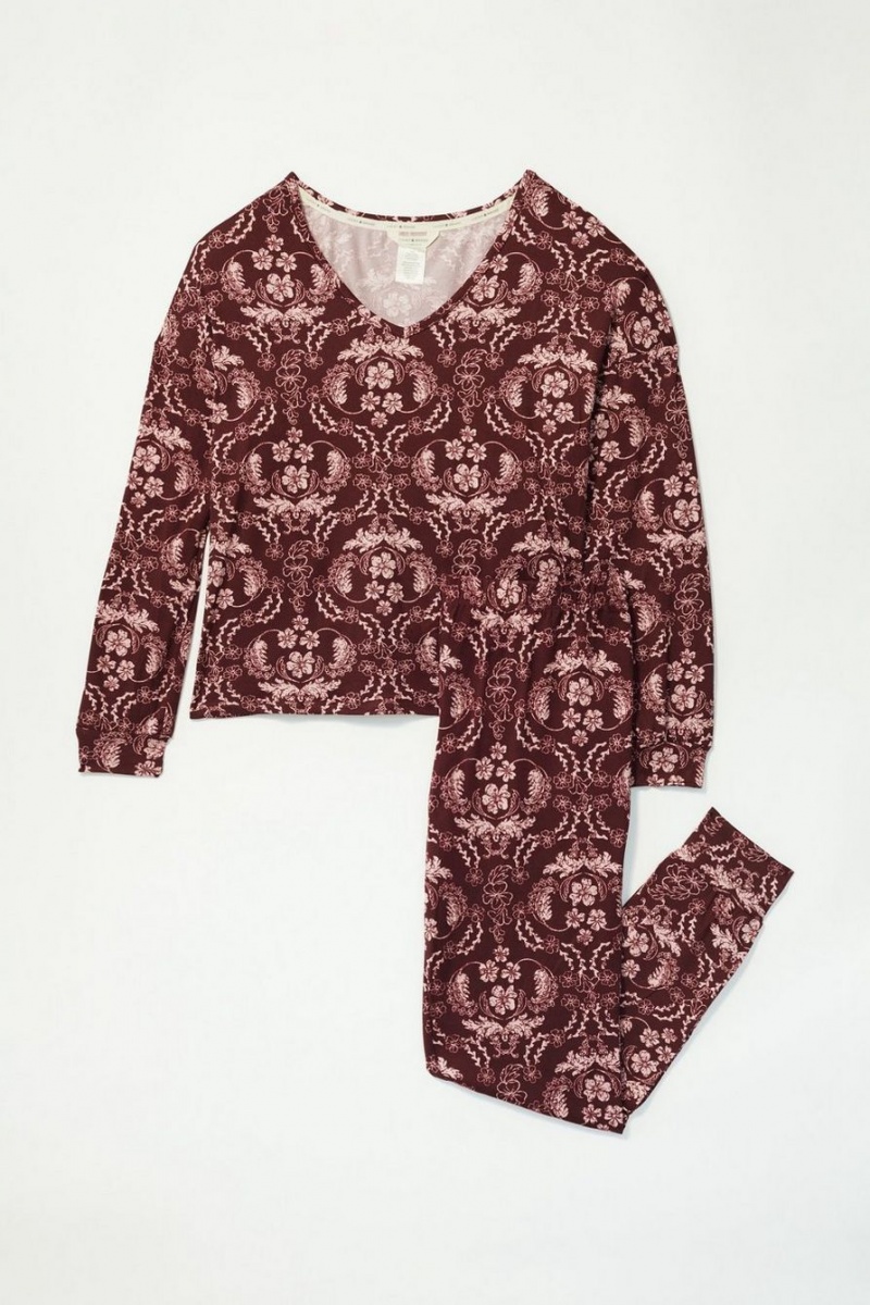 Lucky Brand V-neck Printed Pullover Women's Sleepwear Dark Red | South Africa-HTC914607