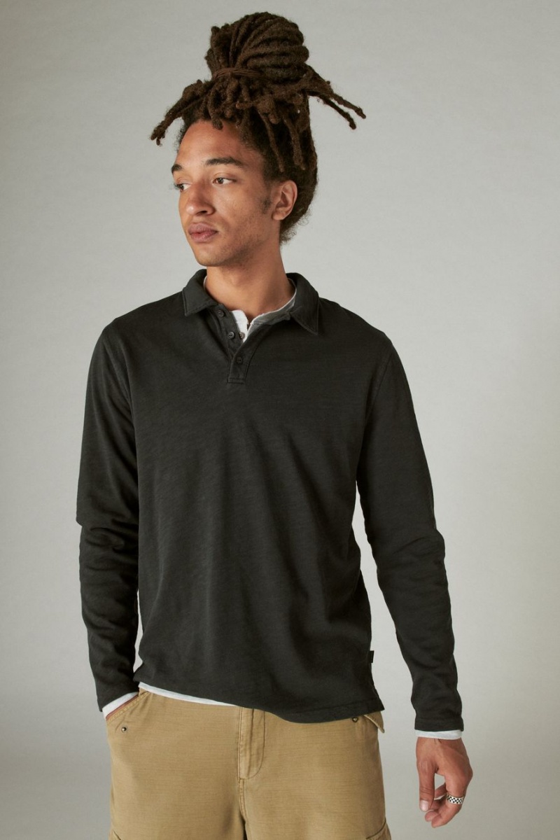 Lucky Brand Weekend Slub Jersey Long Sleeve Men\'s Polo Black | South Africa-SHD265934