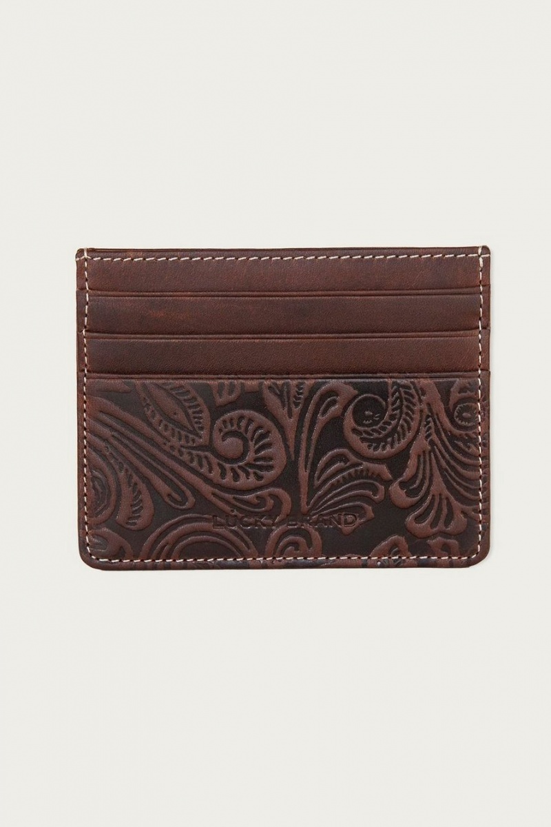 Lucky Brand Western Embossed Leather Card Case Men\'s Wallet Dark Brown | South Africa-VKP534680